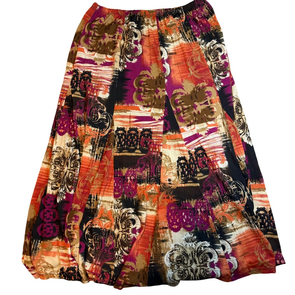 JM Collection Womens Abstract Damask Maxi Skirt Purple Orange Boho A-Line Medium